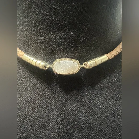 Kendra Scott Cooper Braided Leather pendant Choker Necklace Iridescent Drusy - Picture 2 of 5